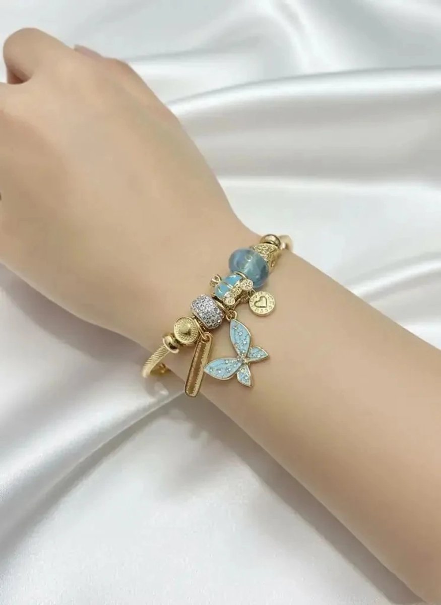 Dorvina 316L Roestvrij Staal Gedraaid Draad Armband Zirkonia Goudkleurig Blauw Vlinder met Bedel Armband