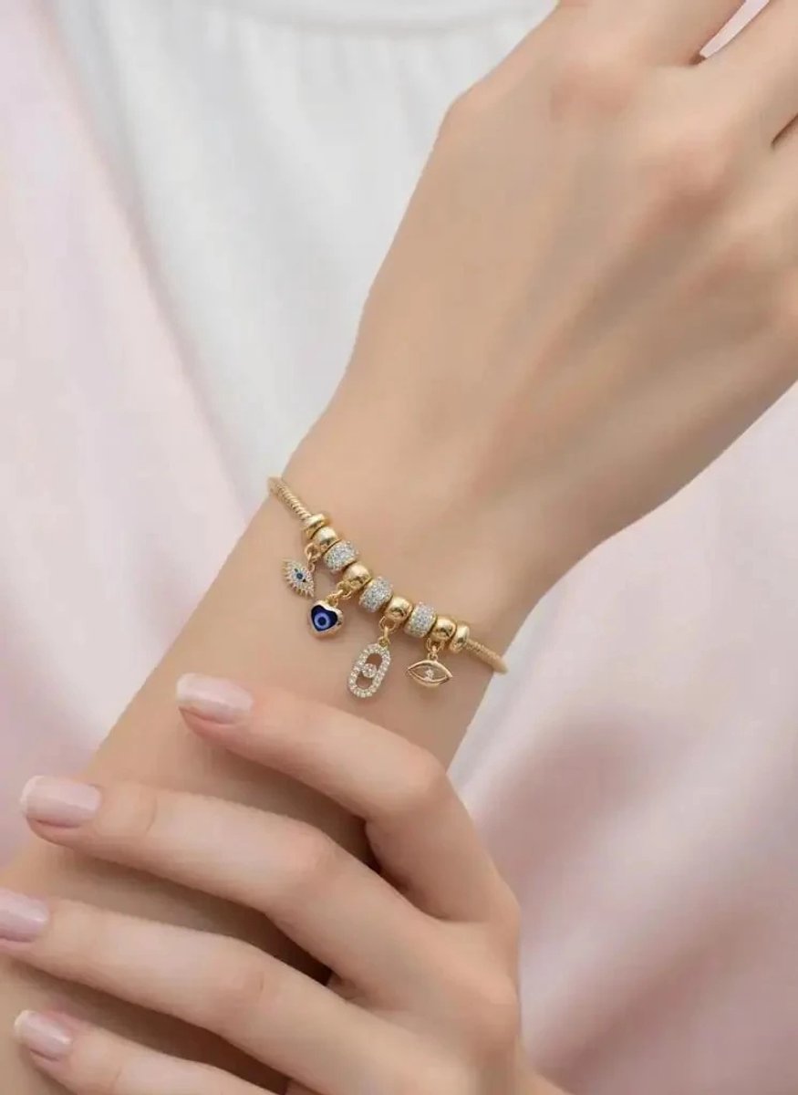 Dorvina 316L Roestvrij Staal Verstelbaar Zirkonia Goudkleurig Boze Oog Boncuklu met Bedel Armband