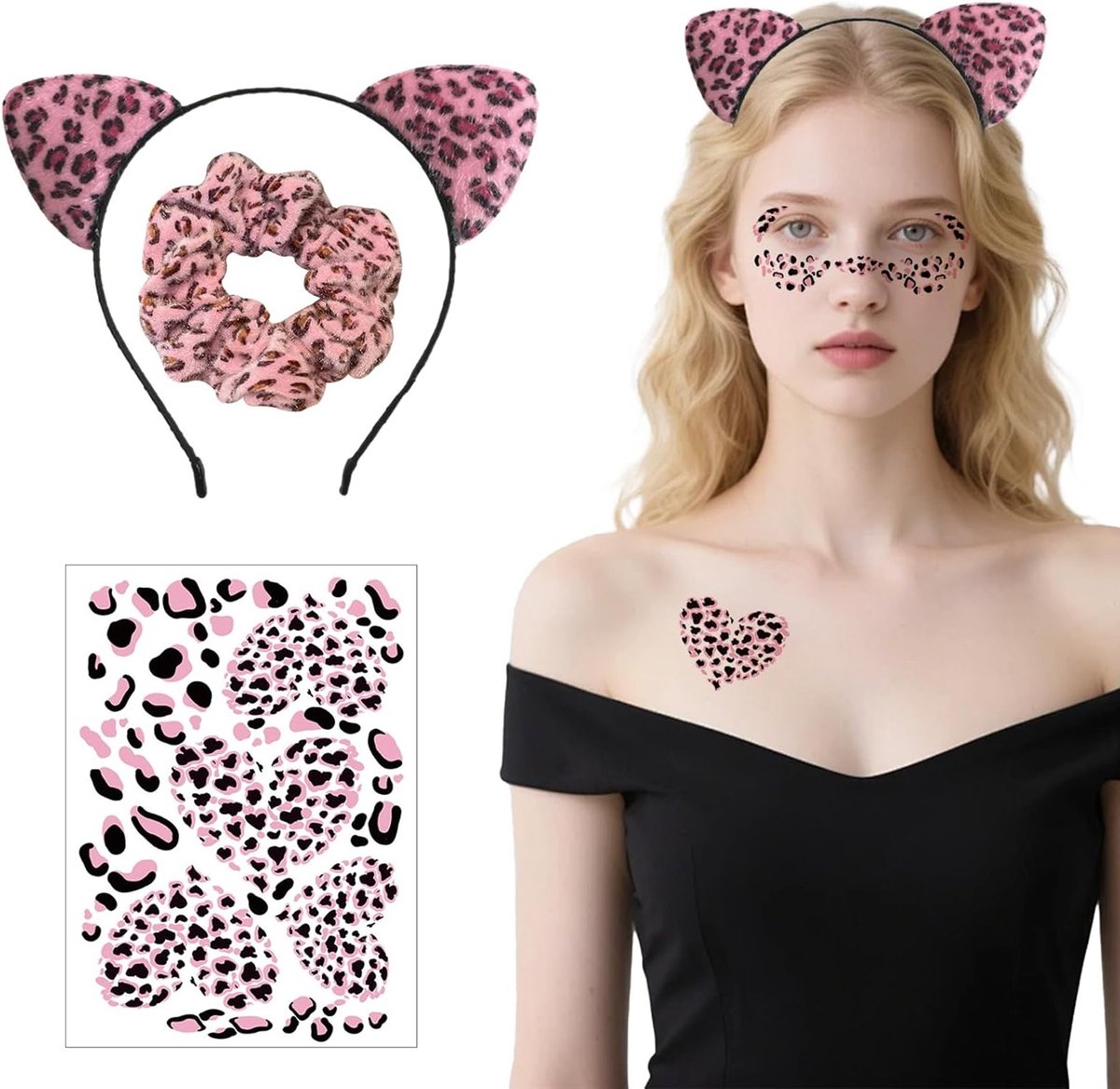 Leopard Print Kat Oren Hoofdband met Gezichtsstickers en Haarbanden, Schattige Dierenaccessoires voor Feestjes en Kostuums, Perfect voor Dames en Meisjes