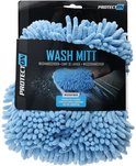 Verpakking van een blauwe chenille microvezel washandschoen met de tekst 'WASH MITT MICROFIBER'.