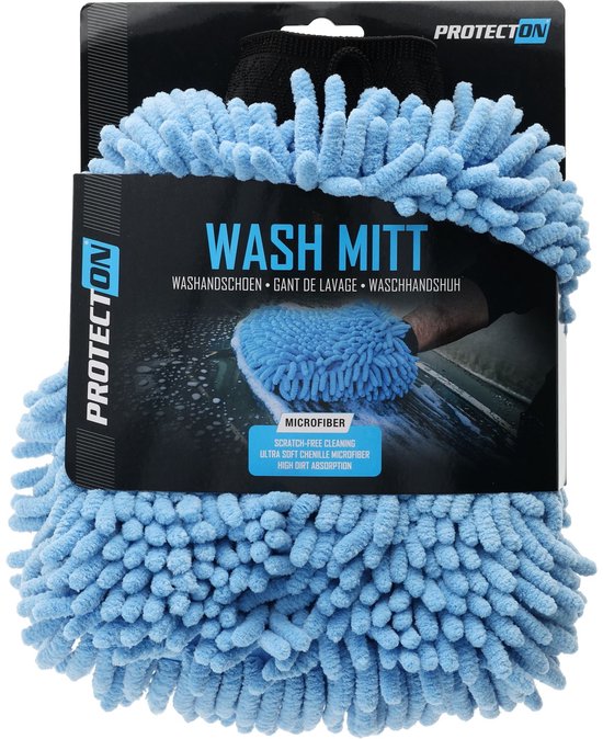 Verpakking van een blauwe chenille microvezel washandschoen met de tekst 'WASH MITT MICROFIBER'.