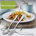 Zilveren bestek voor een gerecht met wraps en salade. "Tijdloos & Ergonomisch" wordt getoond.