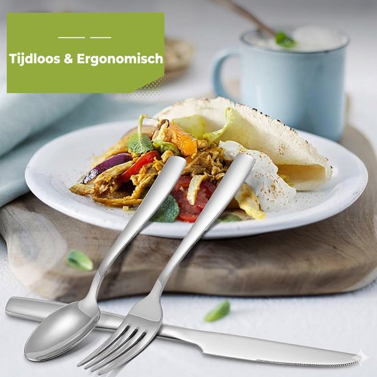 Zilveren bestek voor een gerecht met wraps en salade. "Tijdloos & Ergonomisch" wordt getoond.
