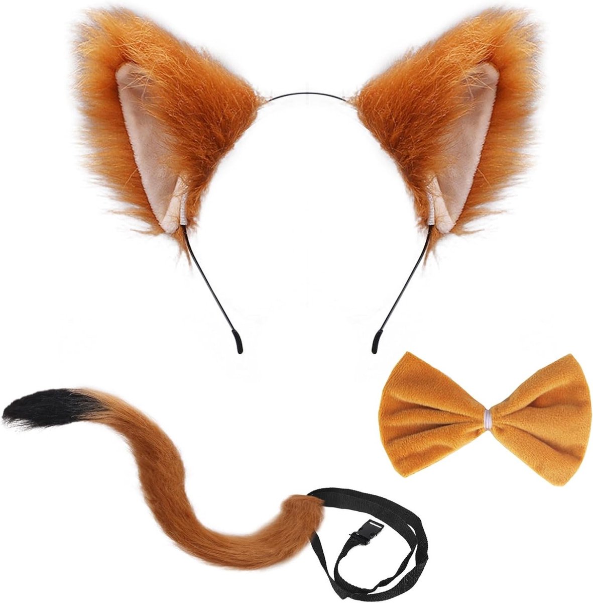 3-delig Fox Kostuum met Kunstmatige Fox Oren, Fox Staart en Fox Stropdas voor Volwassenen en Kinderen, Perfect voor Cosplay en Halloween Feesten