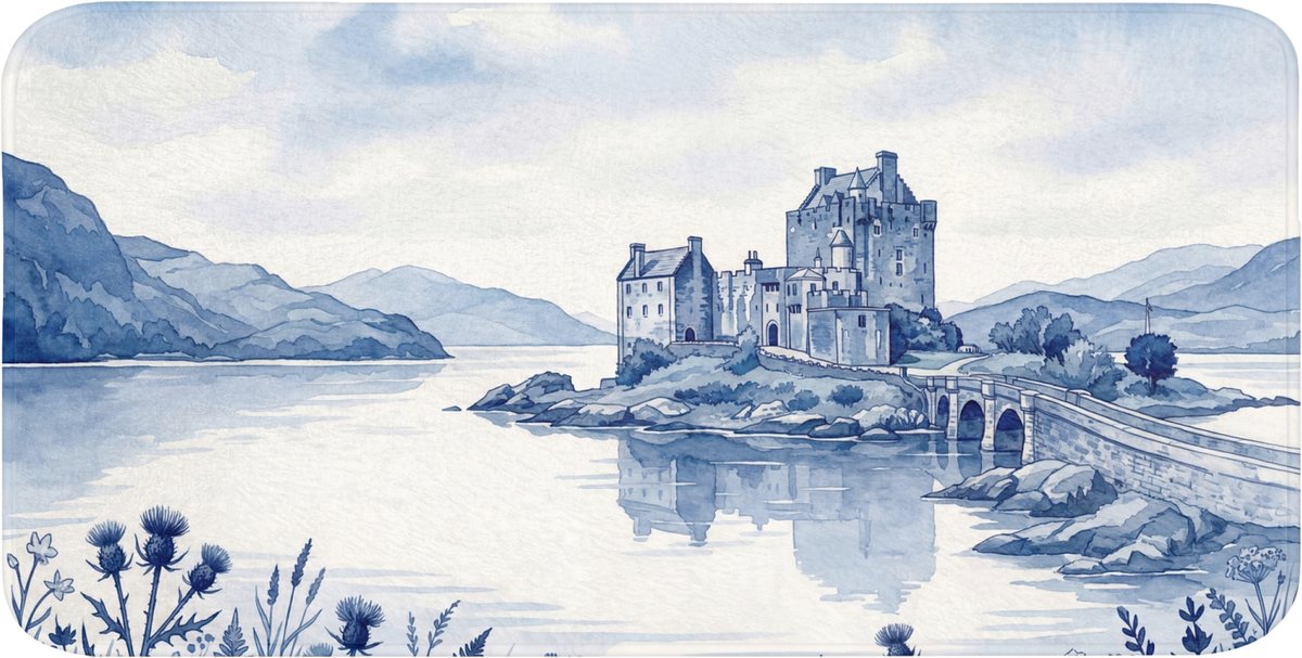 Badmat 120x60 cm - Antislip - Schots - Kasteel - Blauw - Aquarel - Badmatten voor badkamer - Badkamermat - Douchemat - Badkamer mat