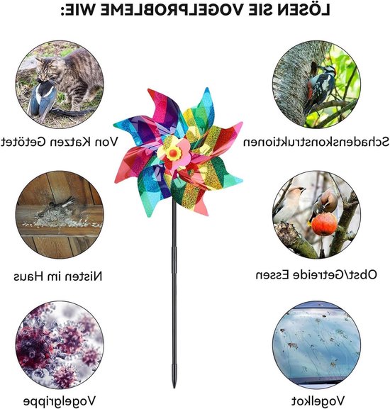 Set van 6 Reflecterende Windmolens als Vogelafschrikker voor Balkon, Tuin en Fruitbomen - Diameter 24 cm, Multicolor — afbeelding 2