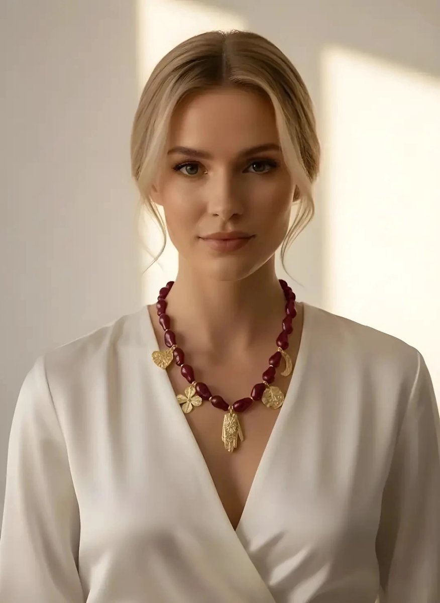 Dorvina Bordeaux Akrilik Boncuk Goud Bedel Detail Design Bijuteri Ketting Sieraad