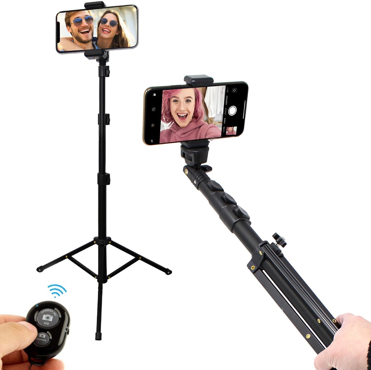 Uitschuifbare selfiestick met statief van 1,7 meter en draadloze afstandsbediening
