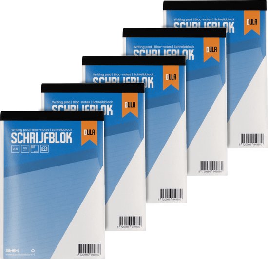 Schrijfblok A6 formaat met lijn 100 vel - Notitieblok gelinieerd - 60 grams papier - 5 stuks - DULA