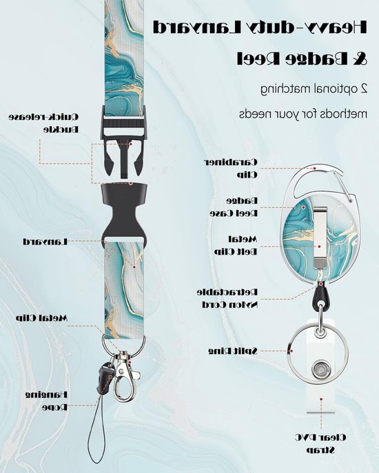 Marmeren Badgehouder met Retractable Reel en Afneembare Lanyard voor Kantoorwerkers - Verticale Kaartbeschermer in Cyan Marmerpatroon van Merkloos — afbeelding 3