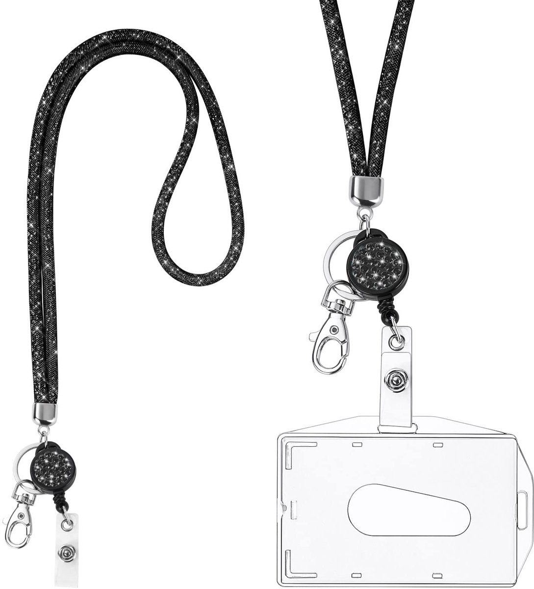carmdering - Lanyard Met Kartenhalter - Uitbreidbaar ID Kaart Etui - Funkelend Strass Design - Uitschuifbare Sleutelclip - Duurzaam PS Materiaal - Horizontaal En Verticaal Draagbaar - Ideaal Voor Werk En School - 1 Stuks - zwart