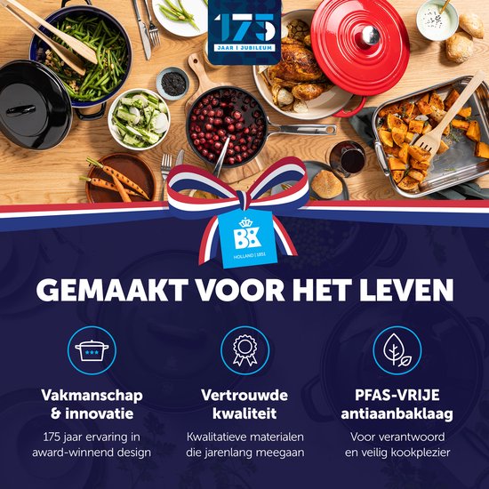 Feestelijke illustratie met diverse gerechten in pannen, schalen en met bestek. BK Holland 1851 logo centraal.