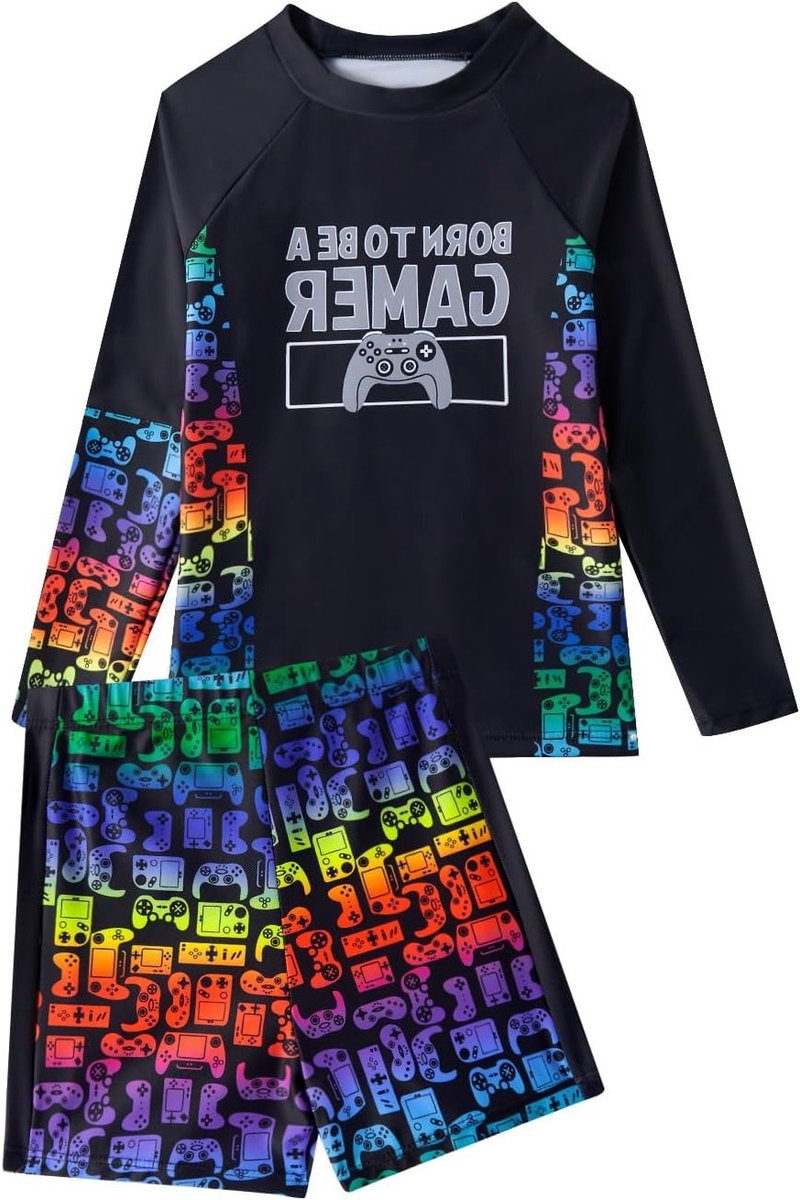 Tweedelig jongens zwemset, gaming zwemkostuum met lange mouwen, UV-werende rashguard en zwemshorts, geschikt voor jongens van 5-14 jaar