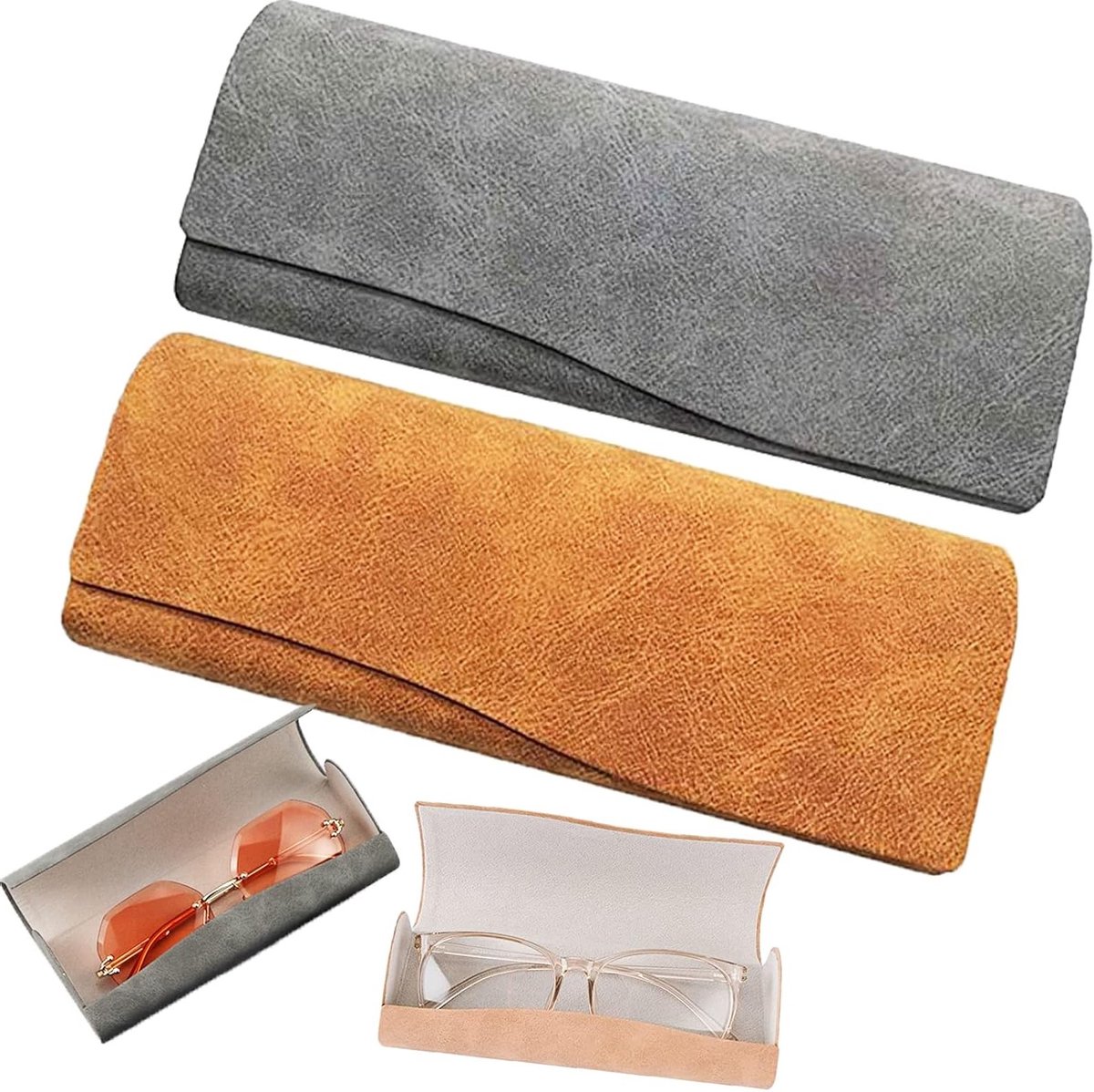 Retro Leren Brillenetui - 2-delige Opbergdoos met Magnetische Sluiting, Draagbare Universele Brillenhouder (Grijs, Bruin) voor Zonnebrillen en Leesbrillen