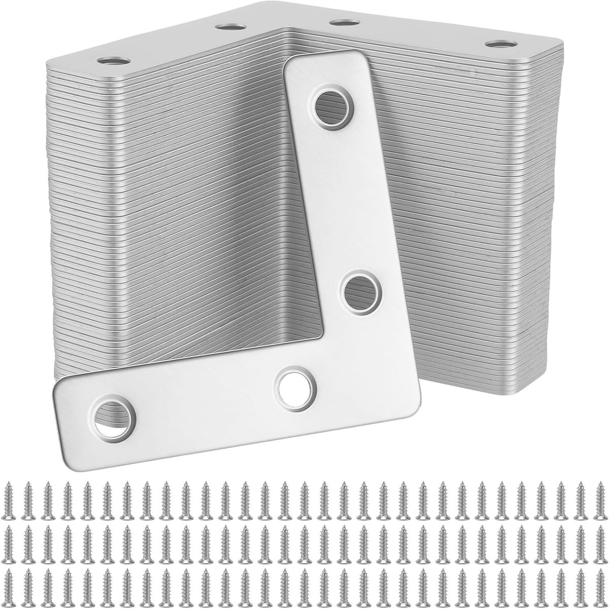 Platte hoekverbinders 60 stuks van roestvrij staal, 60 x 60 mm, L-vormige hoekbeugels voor meubels, tafels en kasten met schroeven inbegrepen