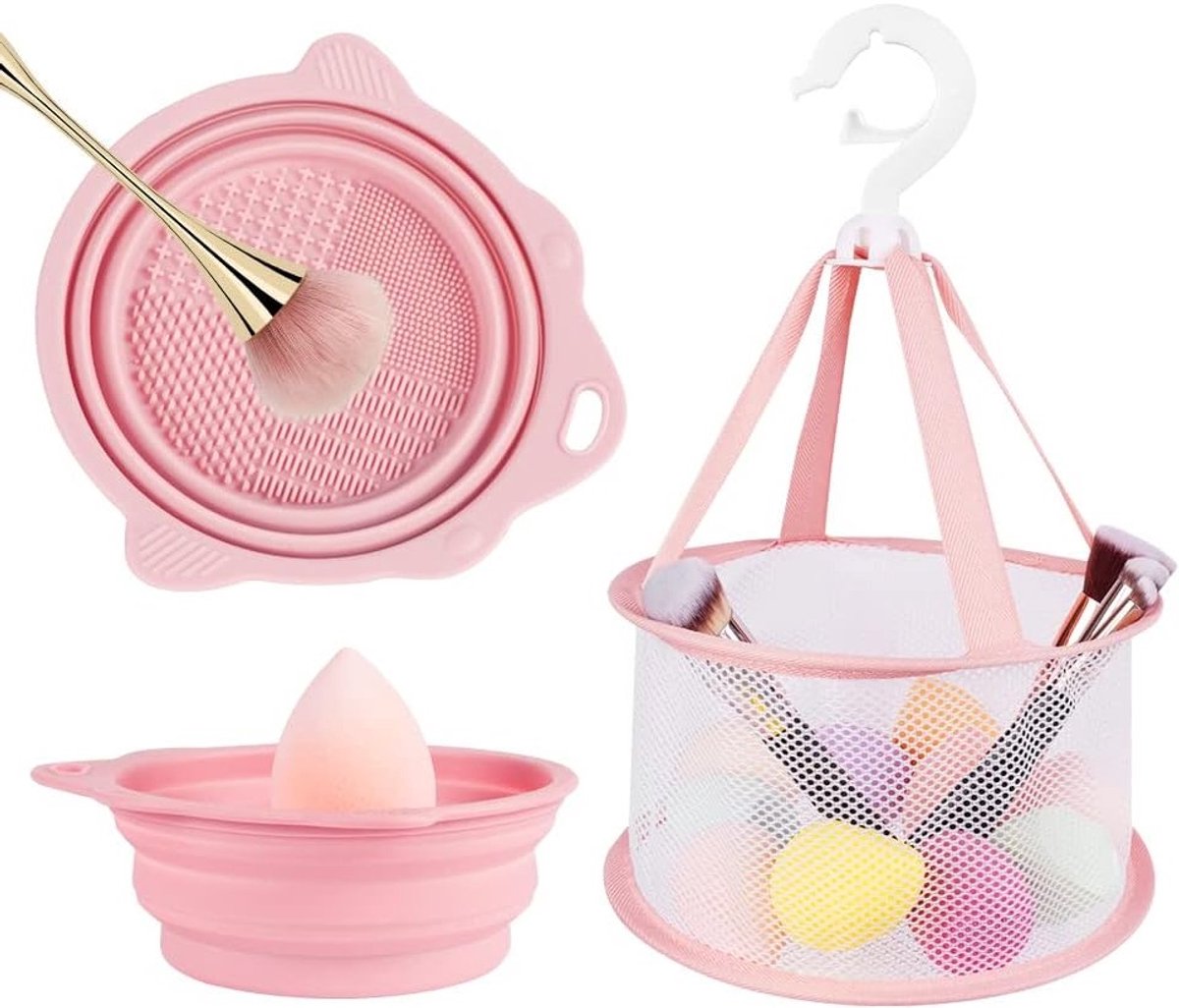 Opvouwbare Make-up Borstelreinigingsmat met Droognet, Siliconen Reinigingskom en Droogrek voor Spons en Poederpuff (Roze)