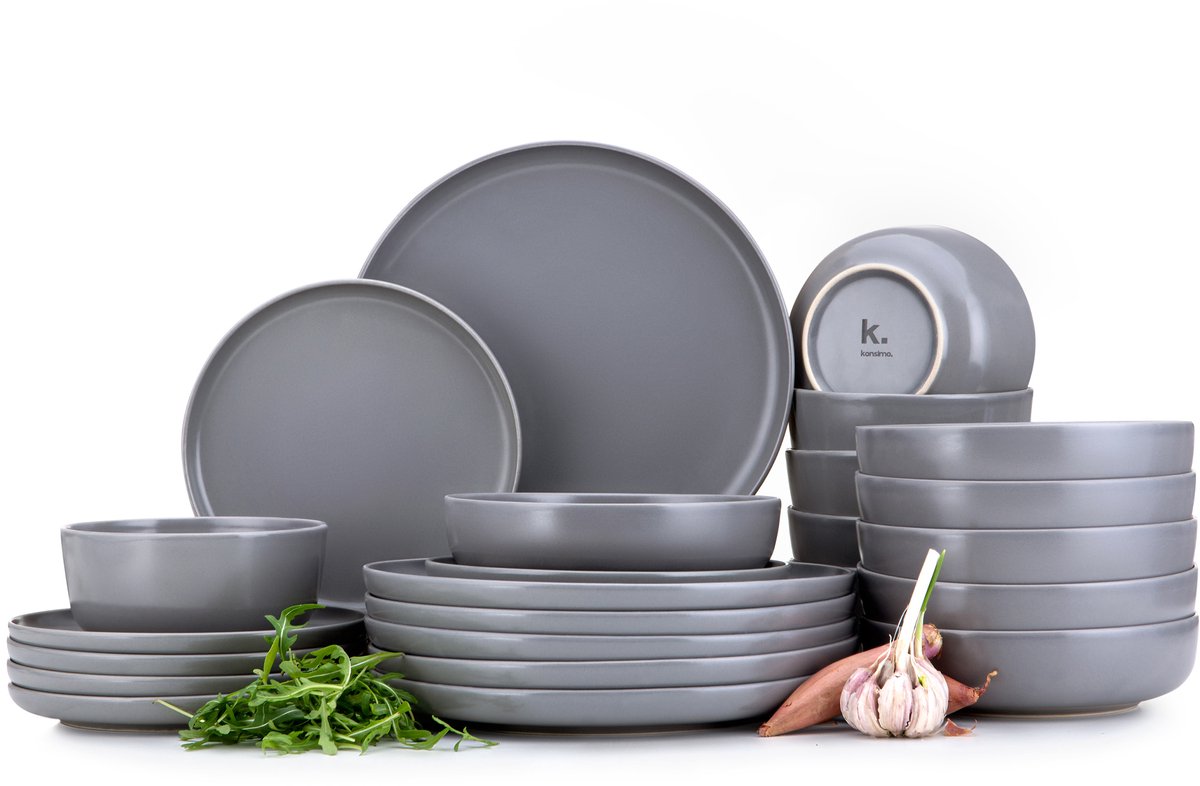 KONSIMO® VICTO - 24 delig - 6 persoons - Keramiek - Dessertbord, Diepbord, Kom, Dinerbord - Grijs