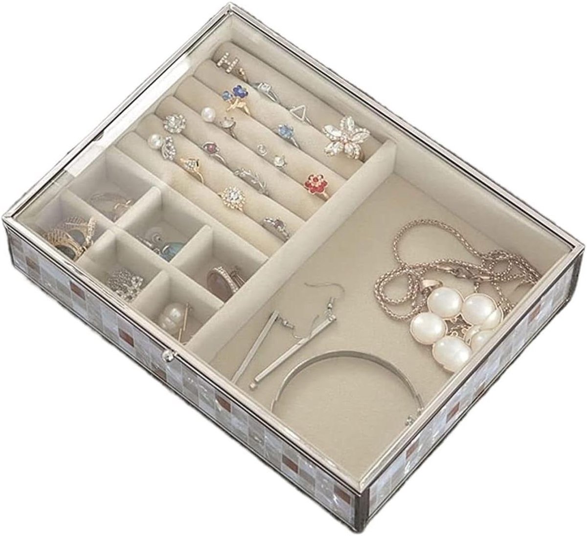Sieradendoos - Juwelendoosje Luxe - Sieraden Opbergen - Glazen Deksel - 21.8 cm Lengte - Geel Marmer