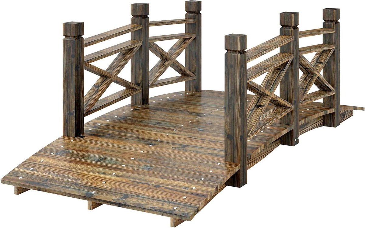 Houten Tuinbrug - Vijverbrug Sierbrug - Tuin Decoratie - Met Leuningen - 174 x 78 cm - Verkoold