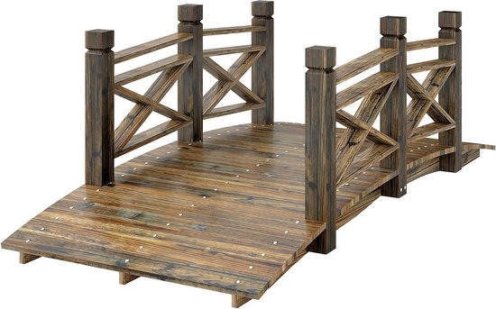 Houten sierbrug met schuine leuningen en houten planken dek.