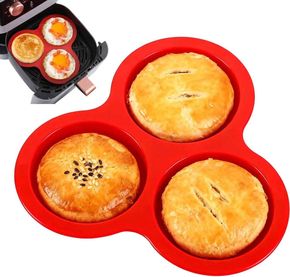 Airfryer Bakvorm - Siliconen Mallen - Kleine Taartjes Bakken - 3-Holtes Ontwerp - 18x21x2 cm - Rood