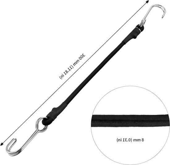 Set van 20 Elastische Bagage Tensioners met Haken - 30 cm Zwarte Rubber Tensioners voor Fietsen, Kamperen en Vervoer — afbeelding 5