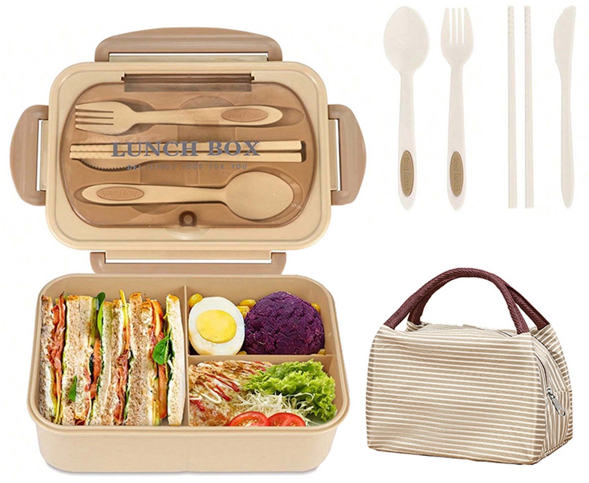 Bento Box voor Volwassenen - 1200ml Lekvrij met Bestek - BPA-vrij Magnetronbestendig - 3 Vakken - Kaki - 1 Stuk