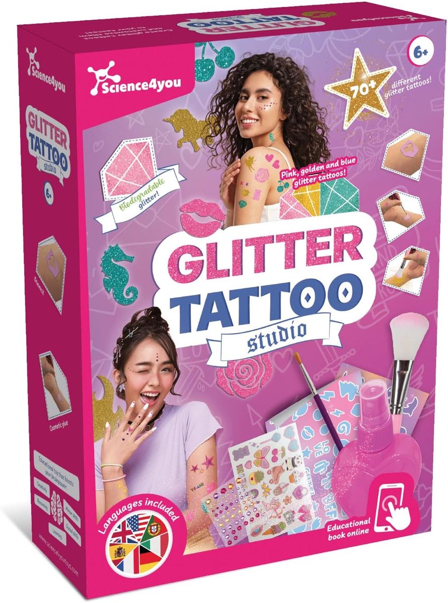 Science4you Glittertattoos voor Kinderen van 5 6 7+ - Set van Tijdelijke Glittertattoo voor Kinderen met meer dan 70 Schoonheidsstickers van Tatoeages