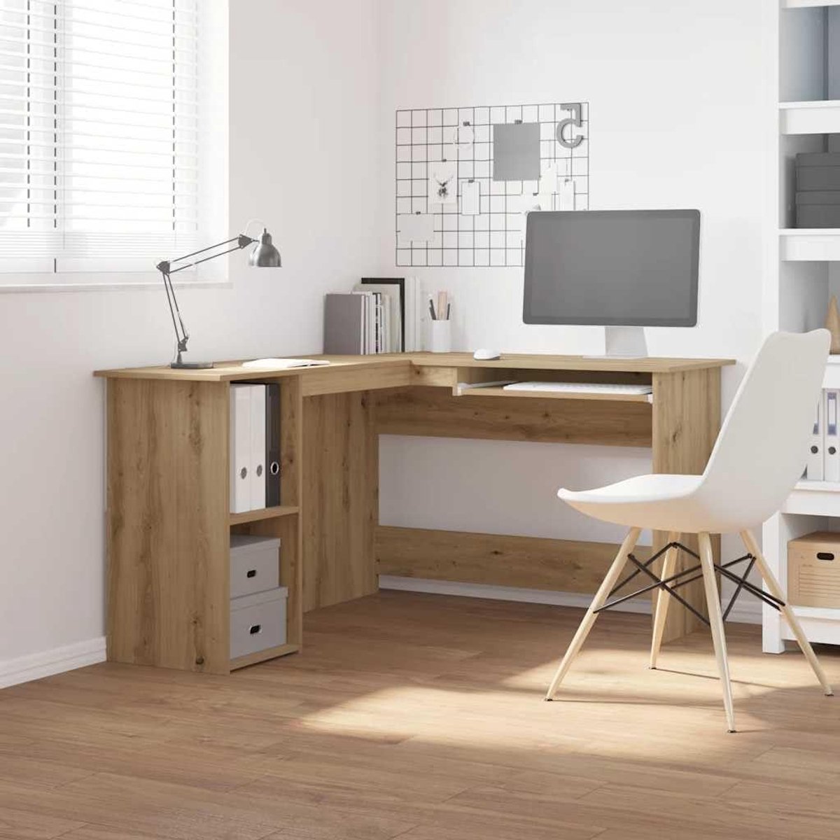 Hoekbureau met plank - L-bureau Werkplek - Thuiswerken Organiseren - Uittrekbare toetsenbordplank - 120 x 140 cm - Eikenhout