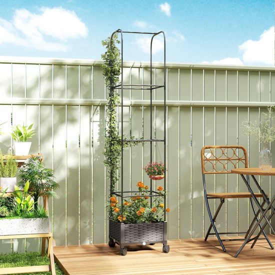 MODFU - Plantenbak Met Klimrek - Verrijdbaar En Zelfwaterend - Modern - Voor Balkon Of Terras - Kunststof - Zwart - 40 X 40 X 185 Cm