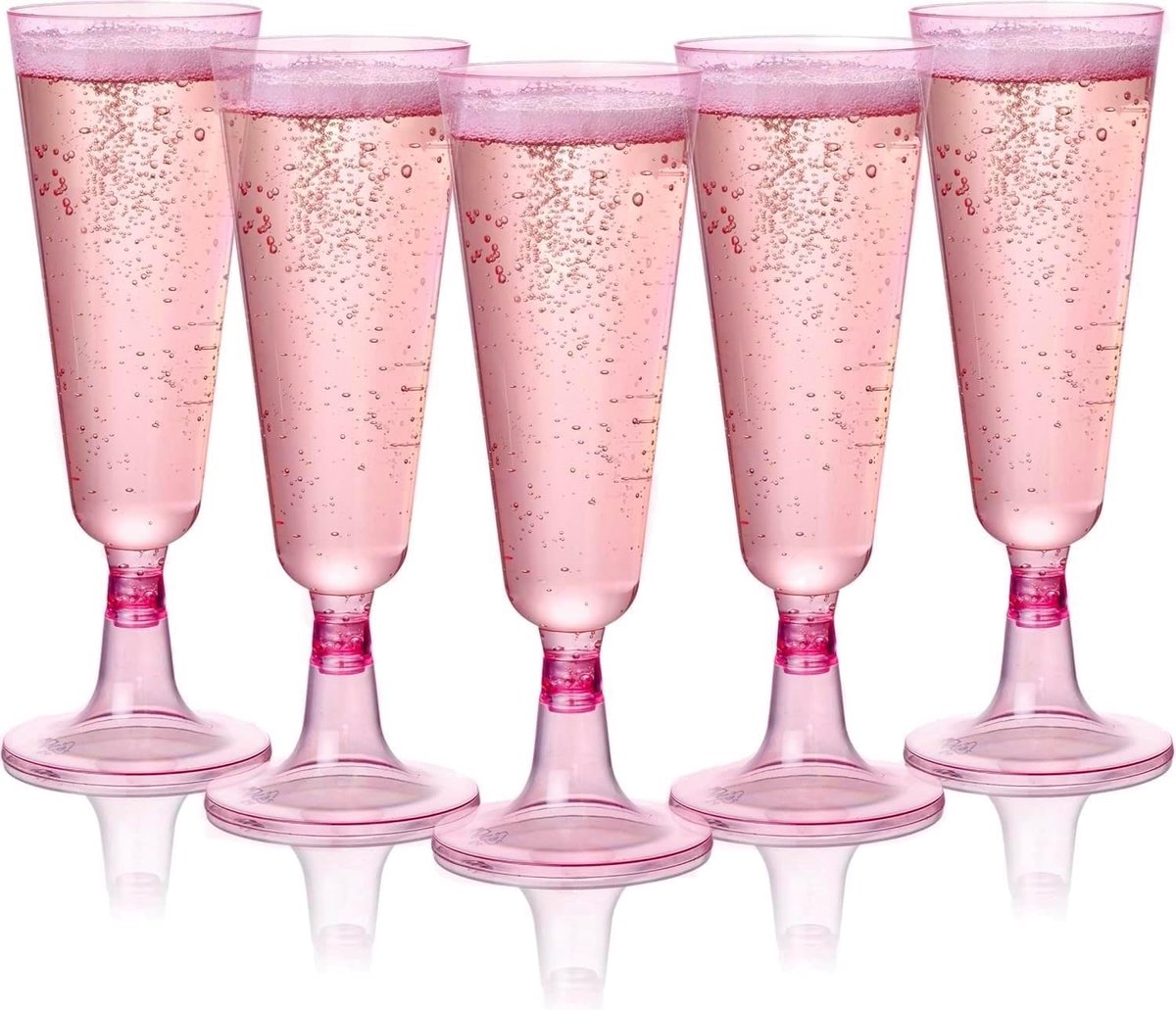 OLOEY Set van 25 luxe roze plastic champagneglazen-perfect voor bruiloften-verjaardagen en feesten-150 ml-herbruikbare plastic champagneglazen-elegante plastic glazen-ook geschikt voor cocktails en desserts
