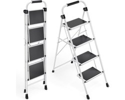 KINGRACK Opstapladder 4-traps opvouwbare opstapkruk voor volwassenen met leuningen, robuust staal, stevig, lichtgewicht, inklapbare draagbare trapladder met anti-slip breed pedaal, wit