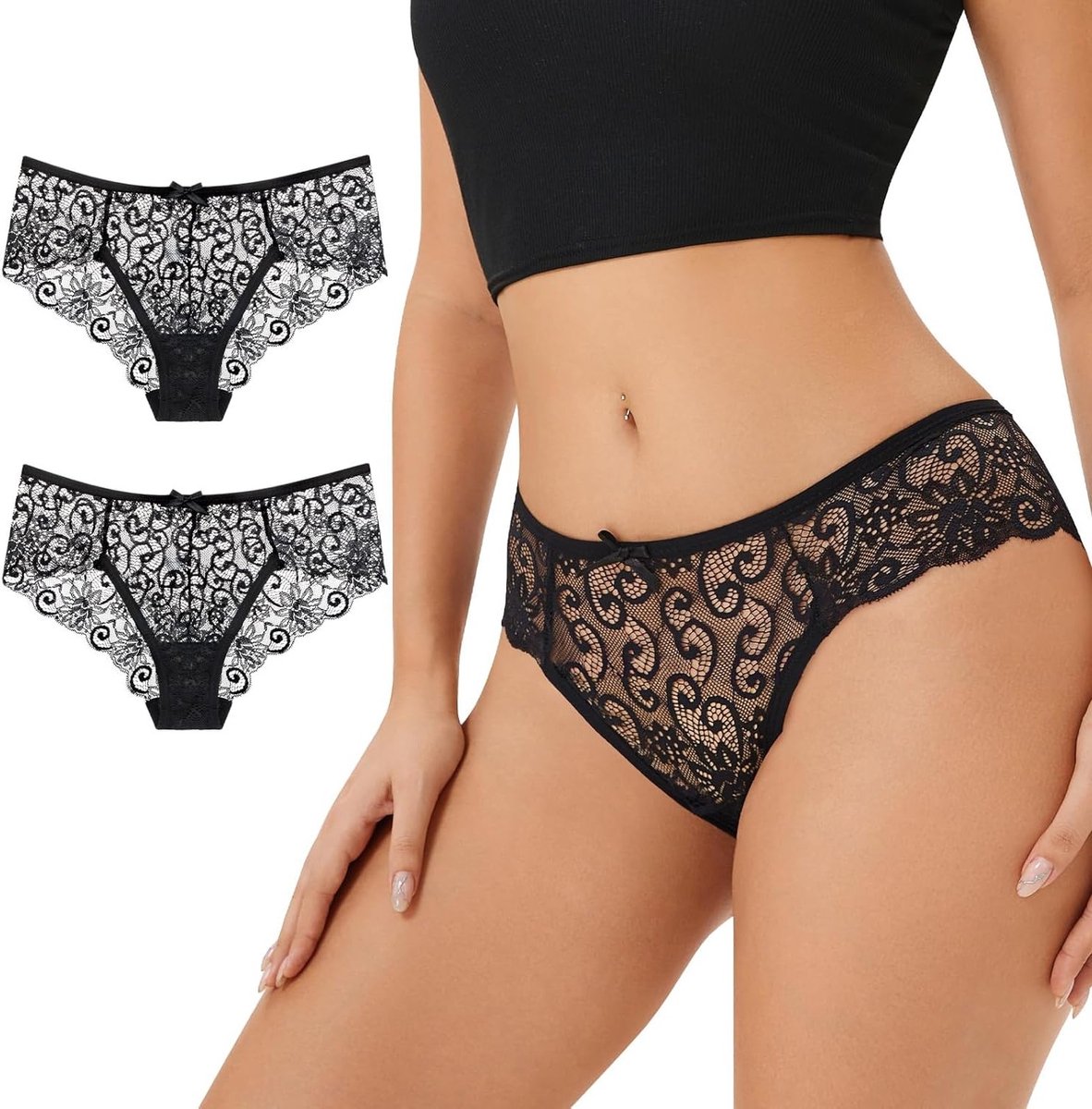 Set van 2 Zwarte Kanten Sexy Dames Slipjes - Ultra Dunne Onderbroeken van 100% Katoen, Zacht en Lage Taille