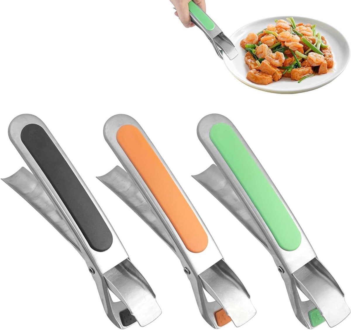 3-delige Antislip Keuken Tang Set, RVS en Siliconen Grip voor Ovenschalen, Pizzaschalen en Airfryer Accessoires, 17.5 cm Lang