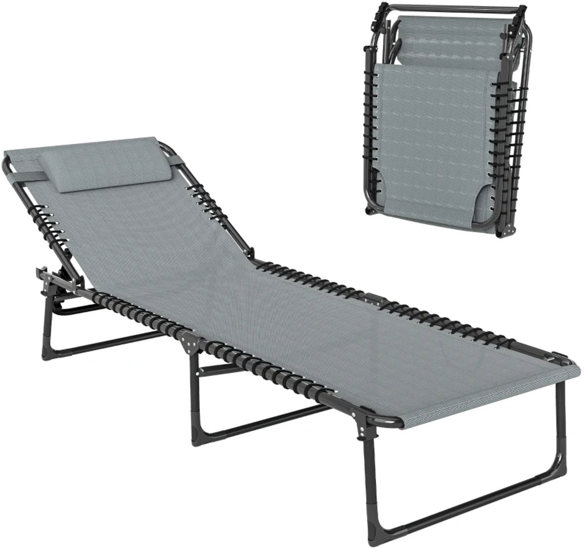 Opklapbare Ligbed met Hoofdsteun - Ligstoel met 4-standen Verstelbare Rugleuning - Tuinstoel - Strandstoel - Campingligstoel - tot 120 kg - Zonnebed - Relaxstoel voor Tuin, Terras, Zwembad & Balkon - Lichtgrijs