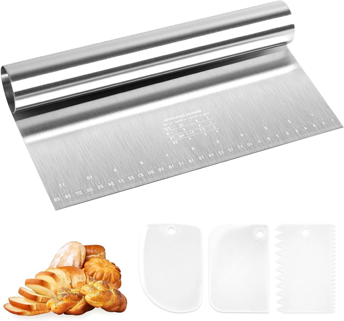Set van 4 deegkaarten 30 x 12 cm, roestvrij staal, deegsnijder met maatverdeling, inclusief 3 plastic taartscheppen en deegschraper voor pizza, brood en gebak accessoires