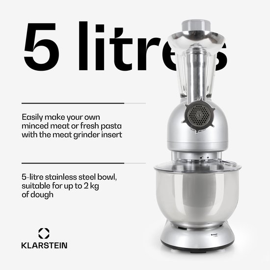 Klarstein Blender Knetmaschine keukenmachine met Fleischwolf, 2000W Teigmaschine klein, 6 standen, Schneebesen - & Knethaken, planetair , roermachine met Mixer, keukenmachines met 5L kom - 1800W 5,2L - voor Keuken - RVS - Standmixer van Klarstein — afbeelding 5