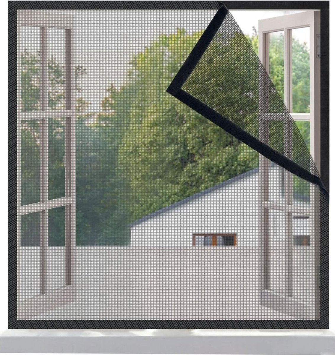 Vliegenhor van glasvezel, 110x120 cm, met klittenbandranden, zwart versterkt gaas om insecten en muggen buiten te houden, en wordt geleverd met klittenbandsluitingen.