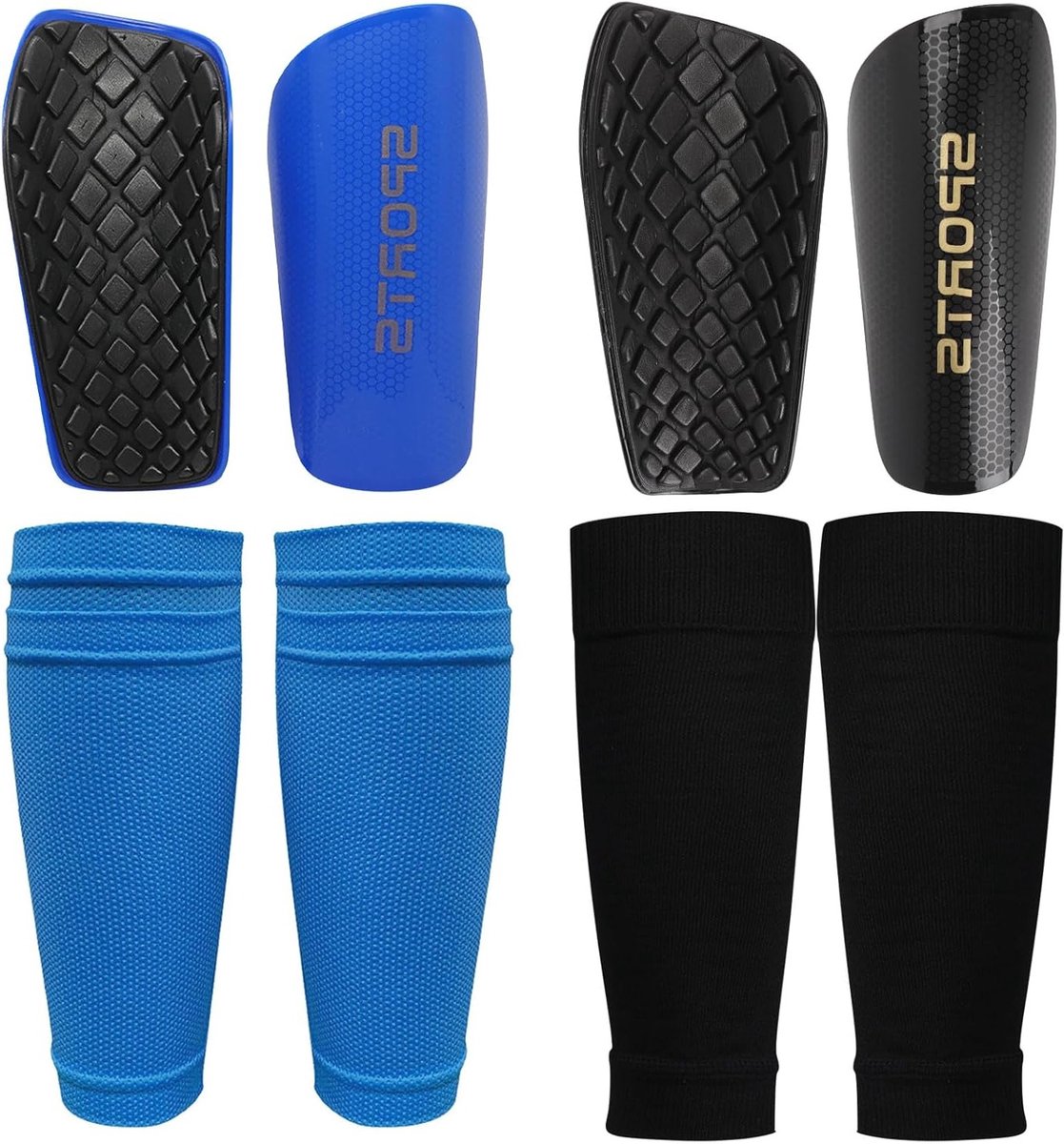 2 Paar Kinder Scheenbeschermers voor Voetbal - Elastische Slip Pocket, Compressiesokken en Scheenbeschermers - Zwart en Blauw (S)