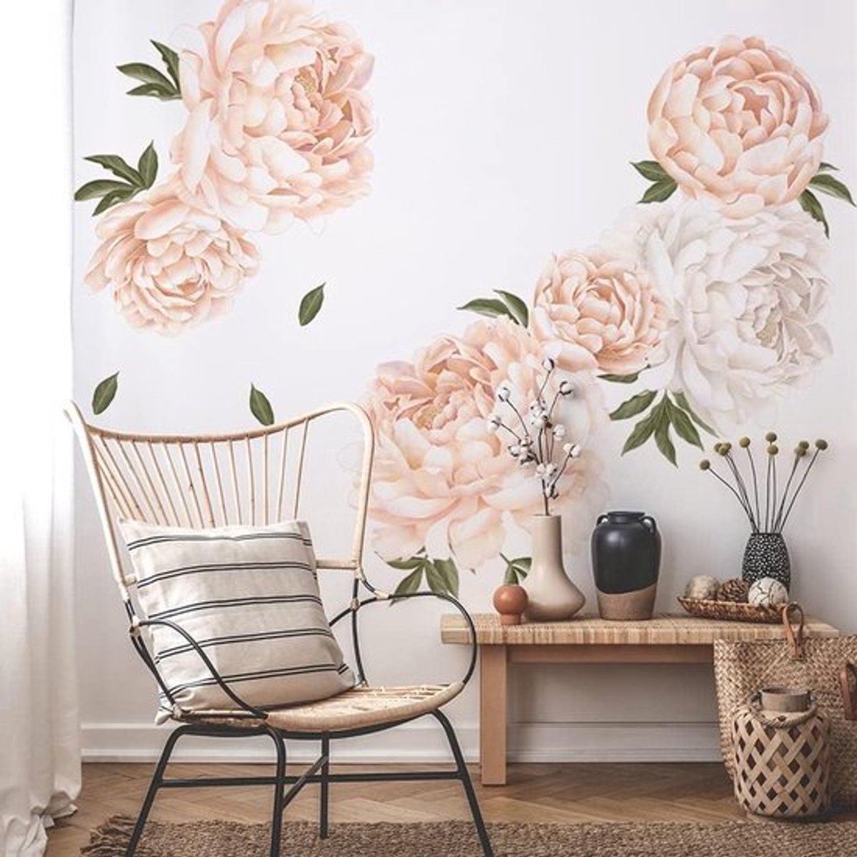 Pioen Bladeren Muursticker met Aquarel Ontwerp voor Home Decoratie - Verwijderbaar en Makkelijk te Bevestigen in Woonkamer, Kantoor, Badkamer - Oranje Thema.