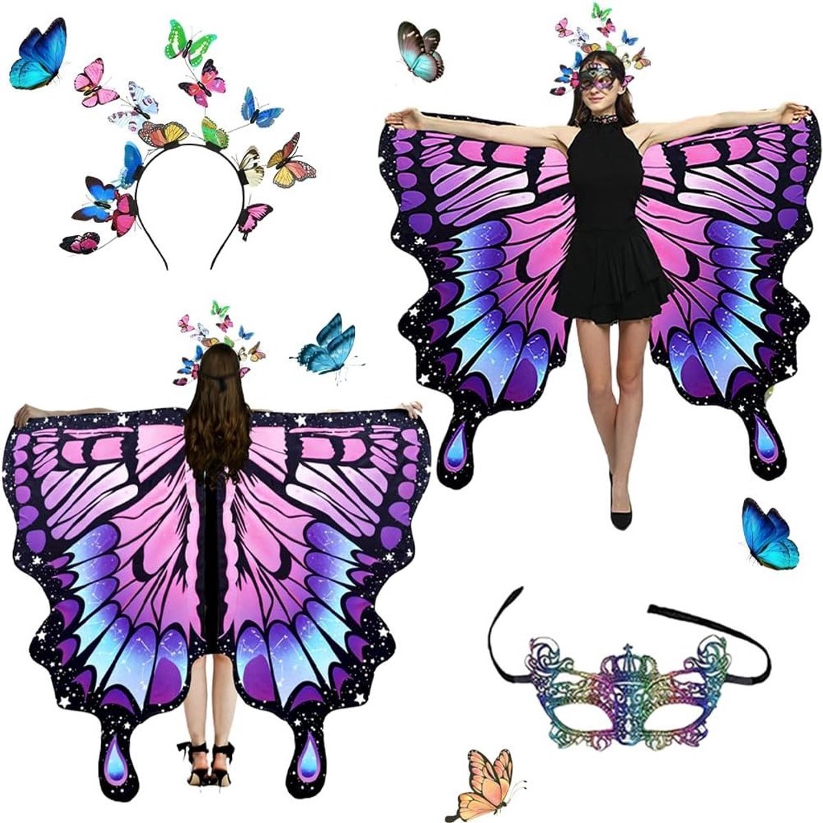Vrouwelijk Vlindercostuum met Kantvleugels - 3-delig Set voor Carnaval en Cosplay met Cape en Vleugels