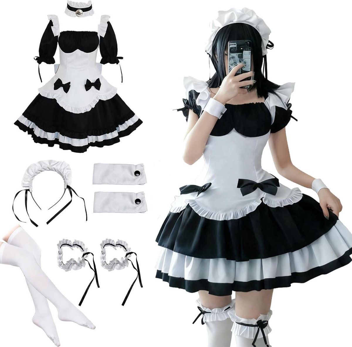 Anime Franse Dienstmeid Jurk voor Meisjes met Witte Kousen - Schattige Cosplay Outfit voor Halloween en Carnavalsfeest