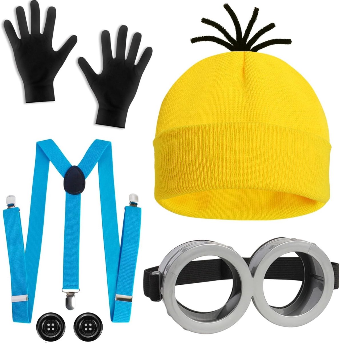 Carnaval kostuumset van 5 delen voor cosplay met steampunk brillen, gele hoed en zwarte handschoenen voor volwassenen en kinderen