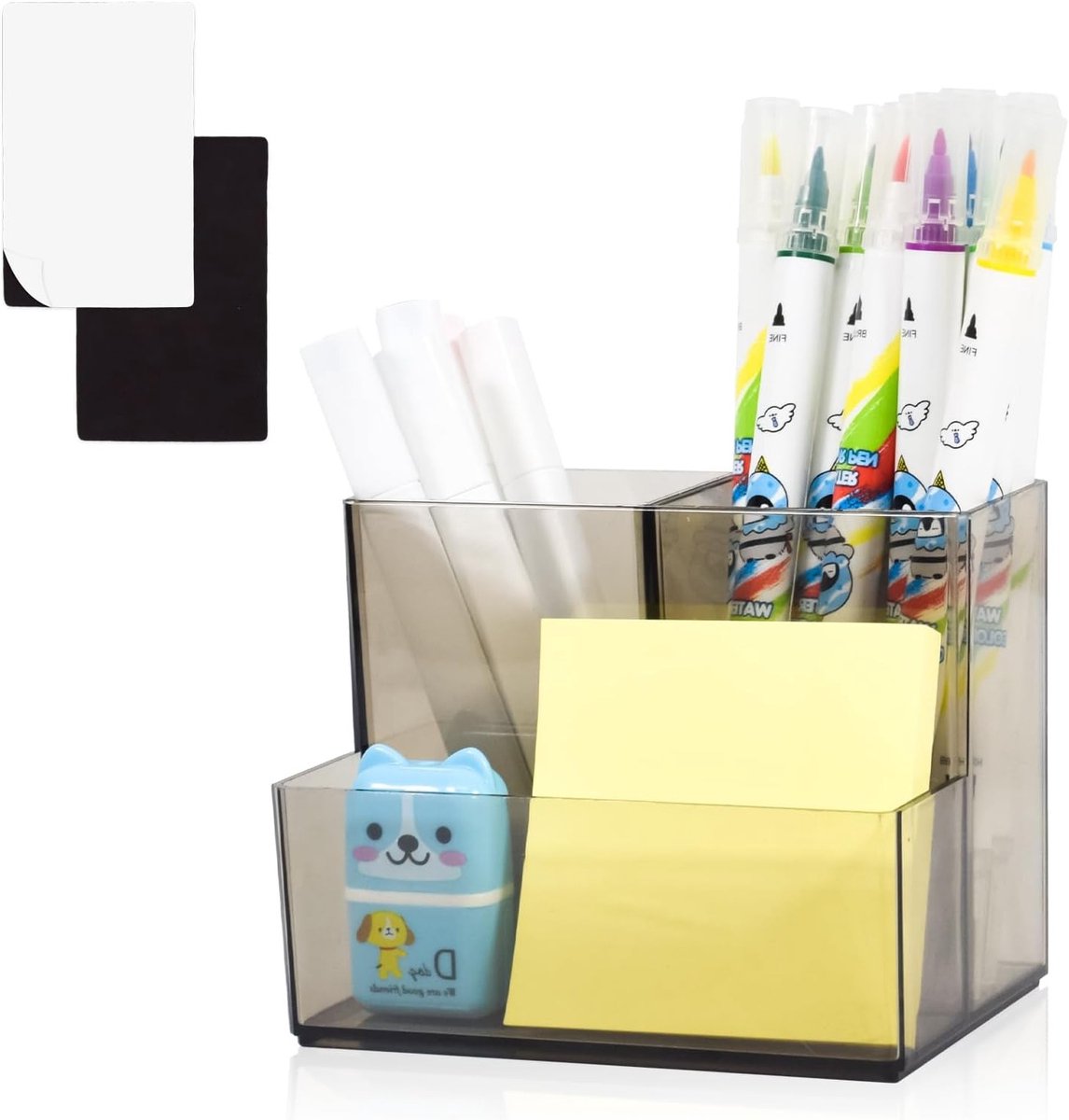 Acryl Pennenhouder en Make-up Borstel Organizer met 2 Magnetische Vierkanten - Desk Organizer met 3 Slots in Grijs voor Kantoor en Creatieve Benodigdheden