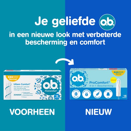 Verpakkingen van o.b. tampons, de linker is de oude verpakking, de rechter is de nieuwe ProComfort verpakking.
