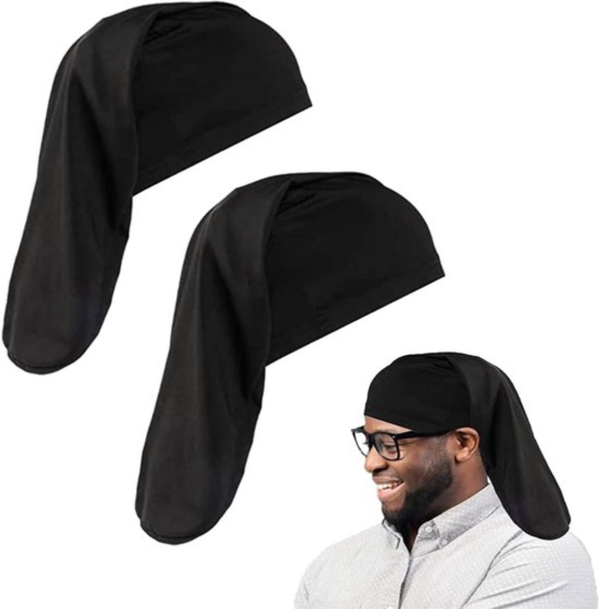 Dreadlock-kap voor lang haar, hoofdwraps, vlechten, bonnet en tube - Zwart - Set van 2