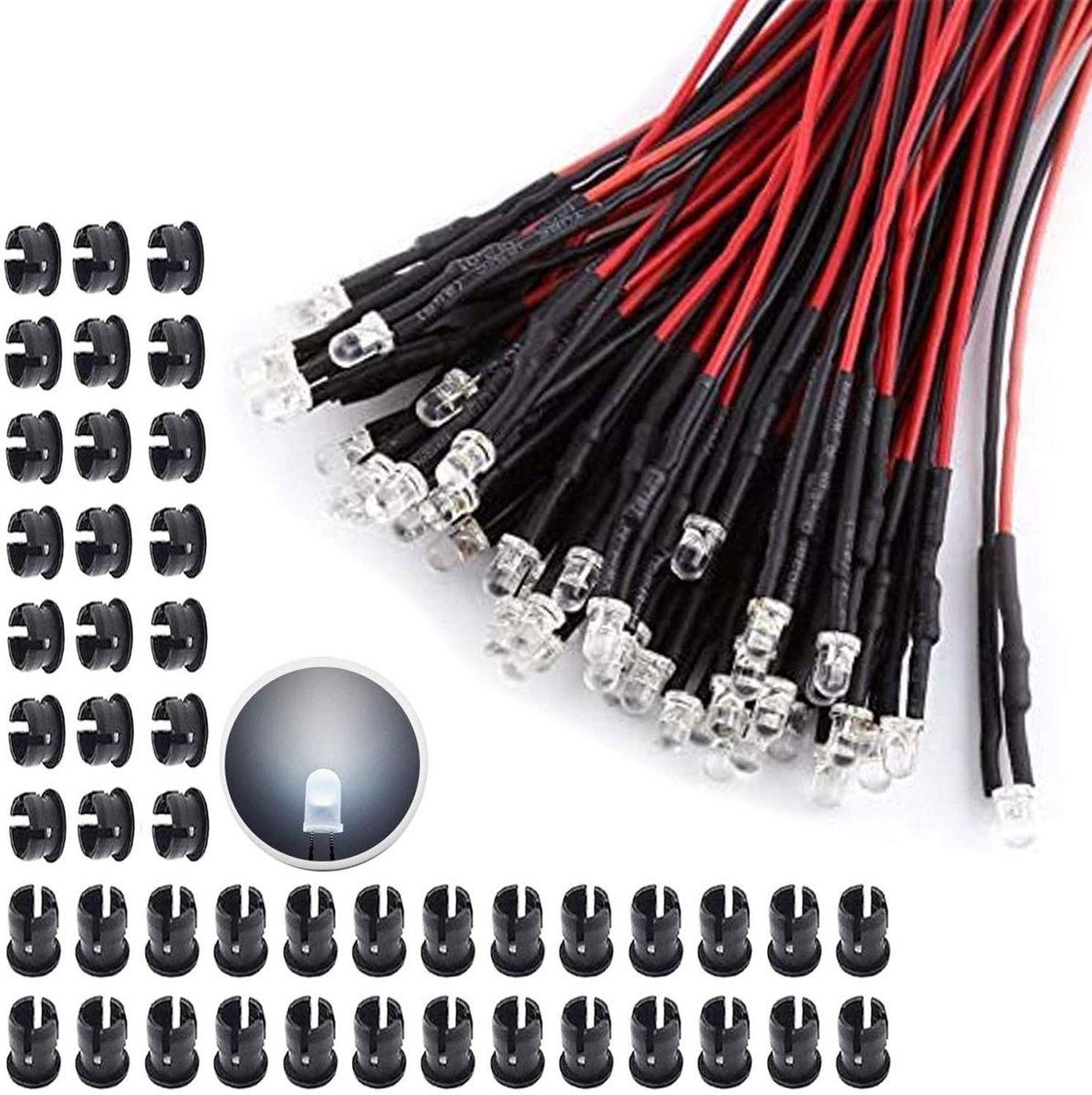 Dailygoods - Set van 65 Voorbekabelde 3 mm Witte LED Diodes