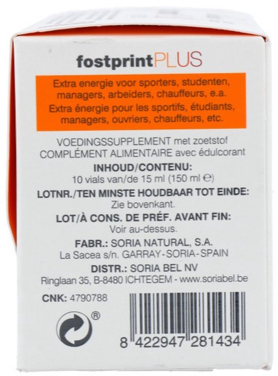 Zijde van de verpakking met "fostprintPLUS" en informatie over "VOEDINGSSUPPLEMENT".