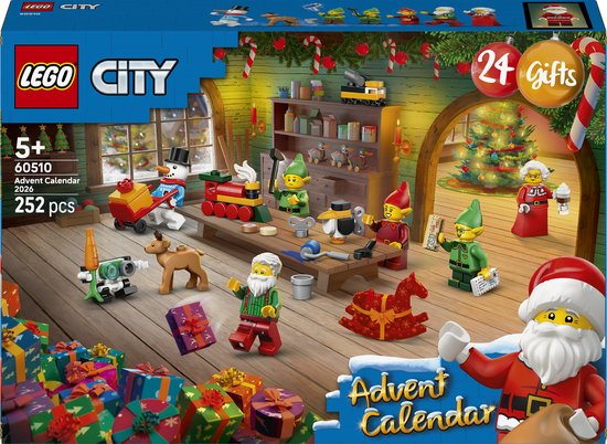 LEGO City 60510 Adventskalender 2026 met 24 verrassingen, waaronder de Kerstman, Kerstvrouw, elfjes, sneeuwpop en rendier.