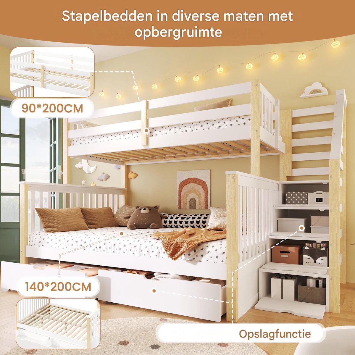 VVBV Stapelbed 90x200 / Stapelbed met opbergruimte / Kinderstapelbed – met Lades, Ladder – Wit – Zonder Matras – Kinderstapelbed met Opbergruimte en Lades White+Natural